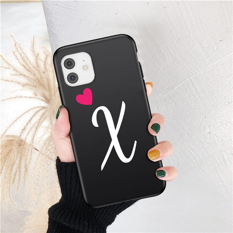 Women Elegant Black Initial Letter A-Z Love Heart Couples Phone Case For iPhone 13 12 Pro Max Mini Luxury Soft Silicone Cover Name Letter Case