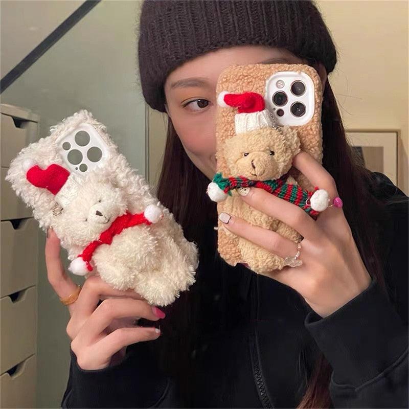 Cute Fluffy Santa 3D Teddy Bear Plush Christmas Case For Iphone 13 12 11 Pro Xs Max X Xr 7 8 Plus Se3 Shockproof Soft Cover  Super Soft Winter Warm Funny Rabbit Ears Faux Fur Plush Fluffy Cover