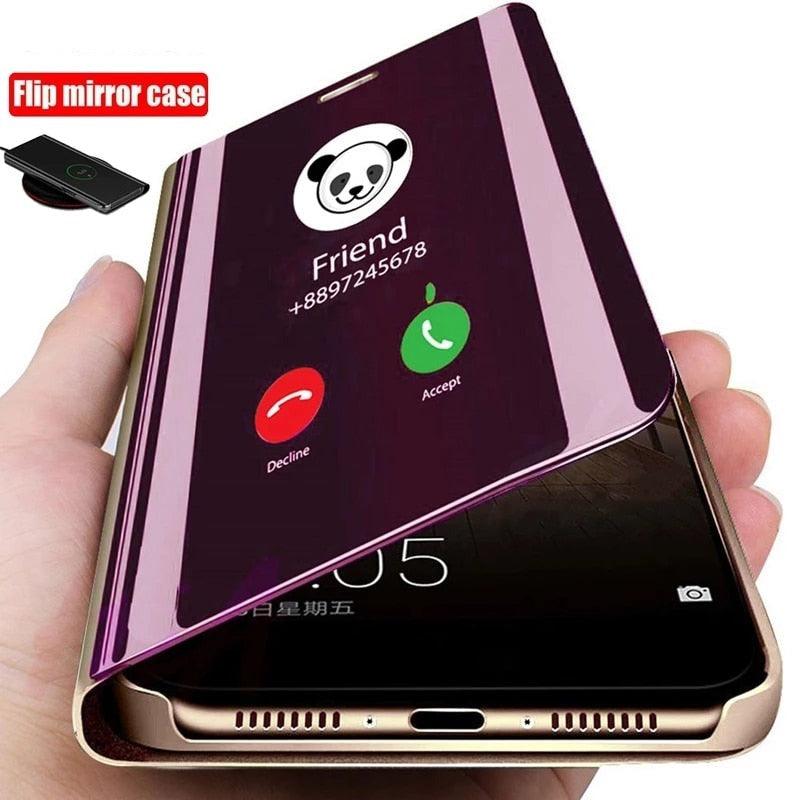 Smart Flip Phone Case For iPhone X XR XS 5 5S SE 7 8 6 6S Plus 11 12 13 Mini Pro Max 2020 Mirror Window Standing Holder Cover  Mirror Screen Smart Plating Case 360 Full Body Ultra Thin Intelligent Protective Case