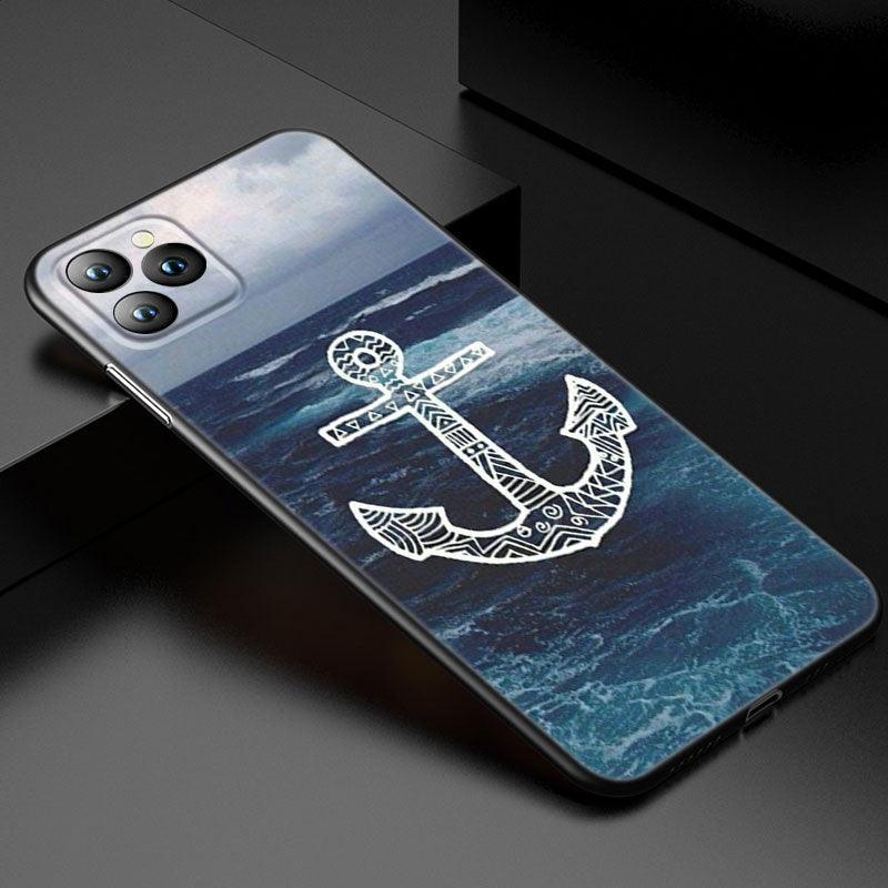 Anchor Boat Ship Wheel Phone Case For iPhone 13 12 Mini 11 Pro XS Max XR X 8 7 6S 6 Plus 5S 5 SE 2020 Black Cover Custom Anchor Hard Back Cover Case