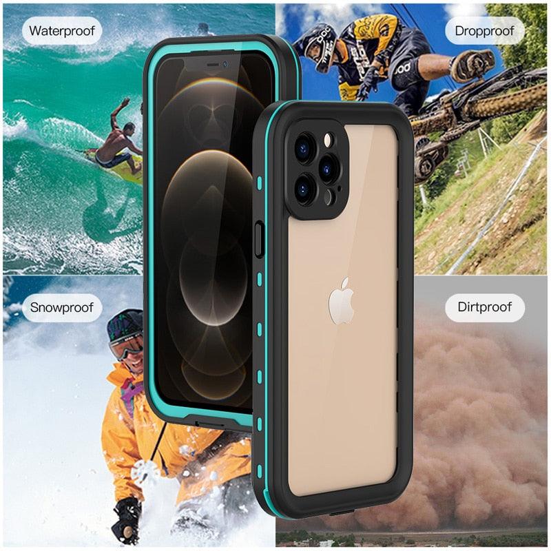 Waterproof For iPhone 14 13 12 11 Pro Max Case Red Clear Cover Diving Underwater Swim Outdoor Sports Built-in Screen Protector Full Body Heavy Duty Protective Cover for iPhone