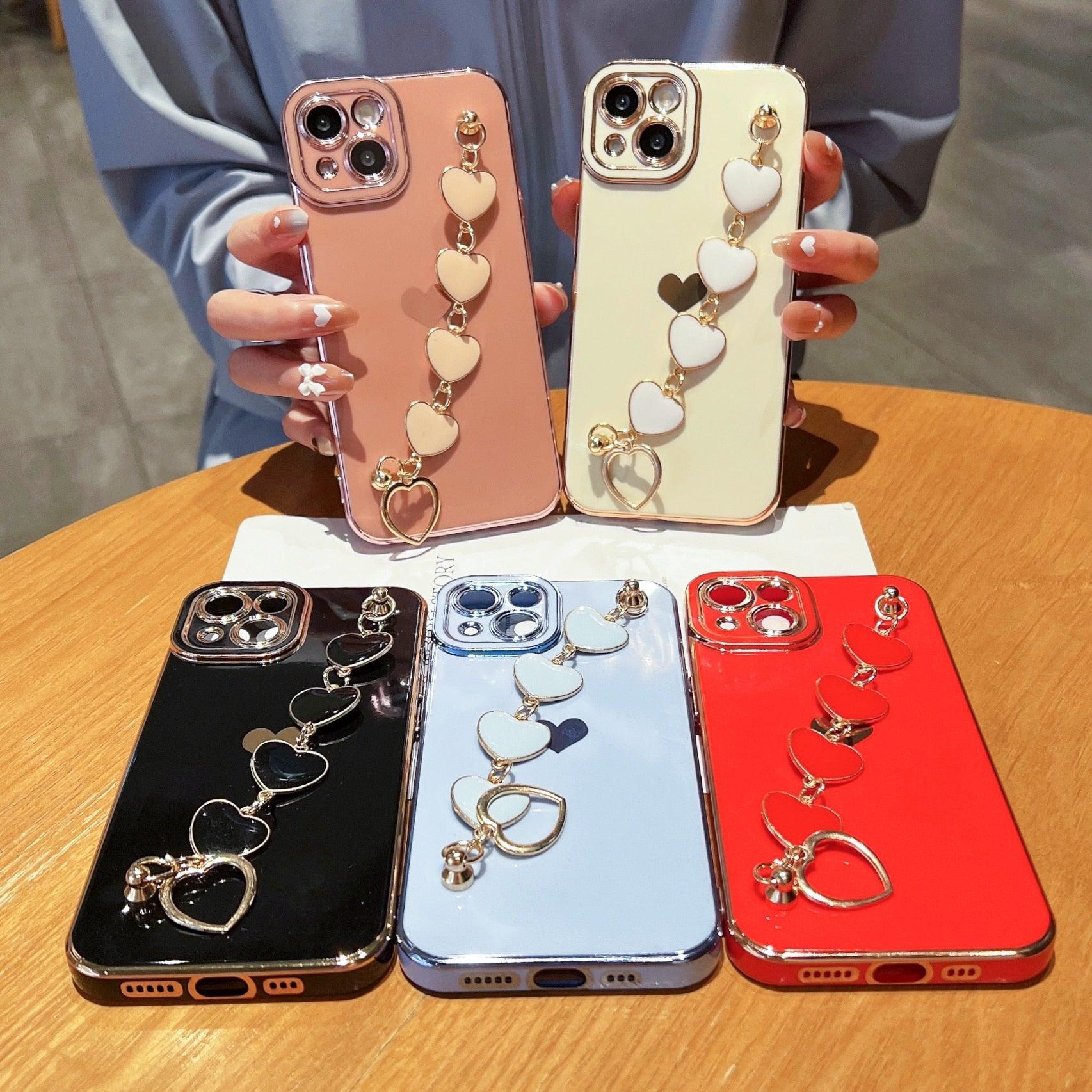 Luxury Love Heart Elegant Sparkle Case With Chain Bracelet Strap Soft Protective Bumper Cover Compatible with iPhone  Bracelet soft case for iPhone 12 Pro Max 11 pro max X XS XR 7 8 Plus Stylish Phone Cover