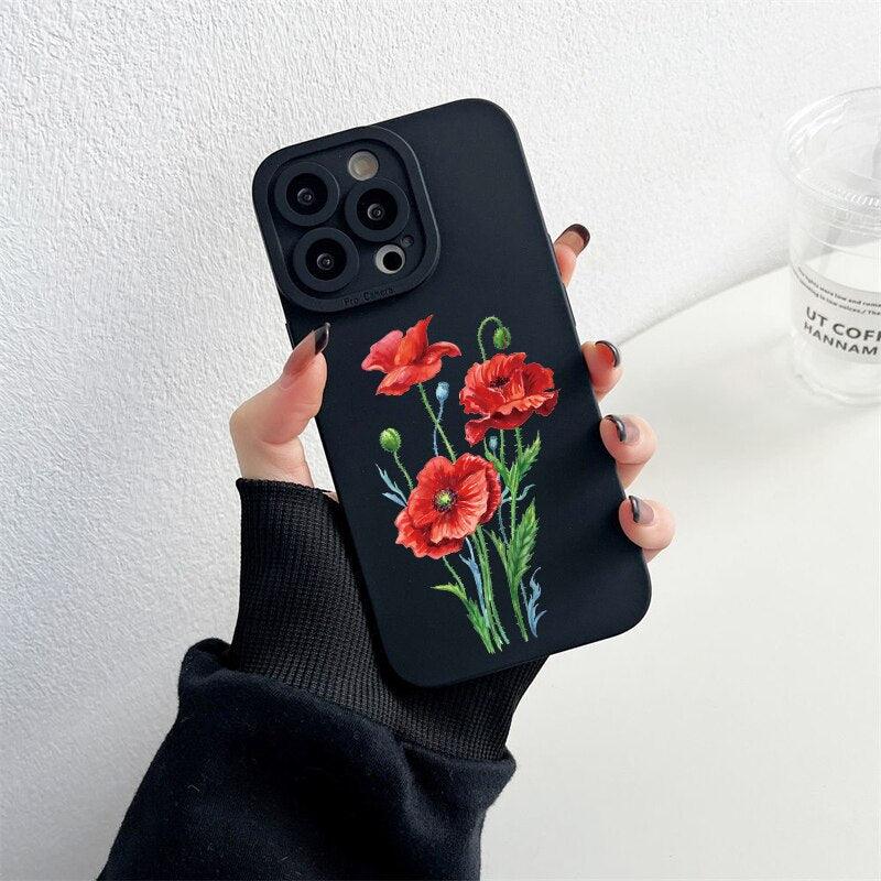 Flower Bloom Phone Case Black Color For iPhone 7 8 Plus SE 13 12 11 Pro Max X XR XS Soft Silicone Never Faded Floral Phone Cases Silicone Shockproof Hard Case