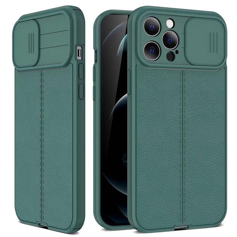 Luxury Leather Black Shockproof Phone Case on For iPhone 13 12 11 14 Pro Max XR X XSMax 14 Case Camera Lens Protection Soft Back Cover Thin Shockproof Case with Slide Camera Case for iPhone