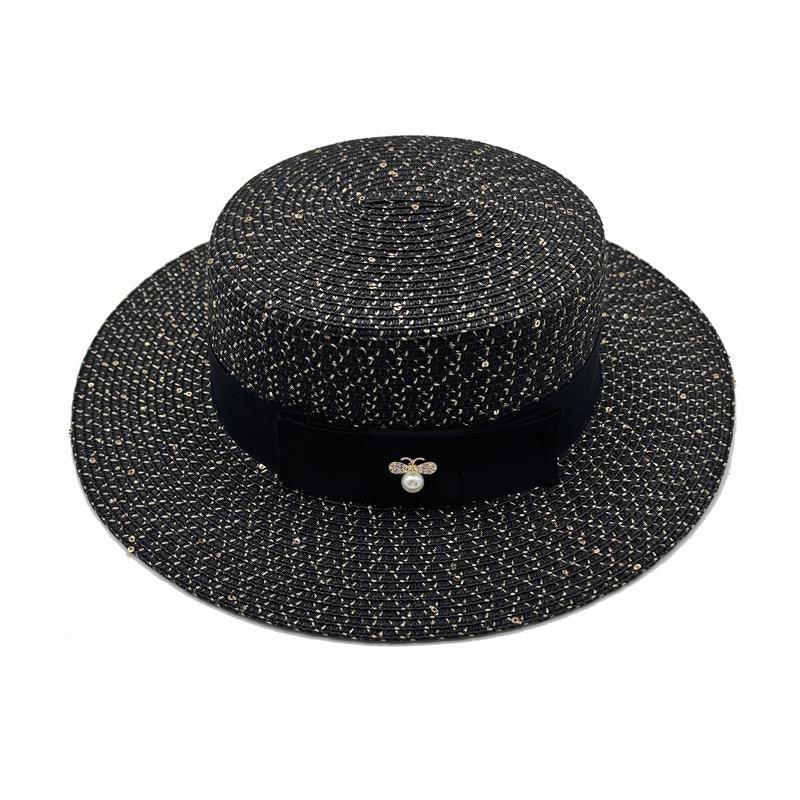 Ladies Sun Boater Classic Flat Hats Straw Hat Wide Brim Boater Hat Summer Straw Hat Beautiful Accessories For Women Retro Female Flat Cap Foldable Packable Beach Hat for Summer 55-58cm