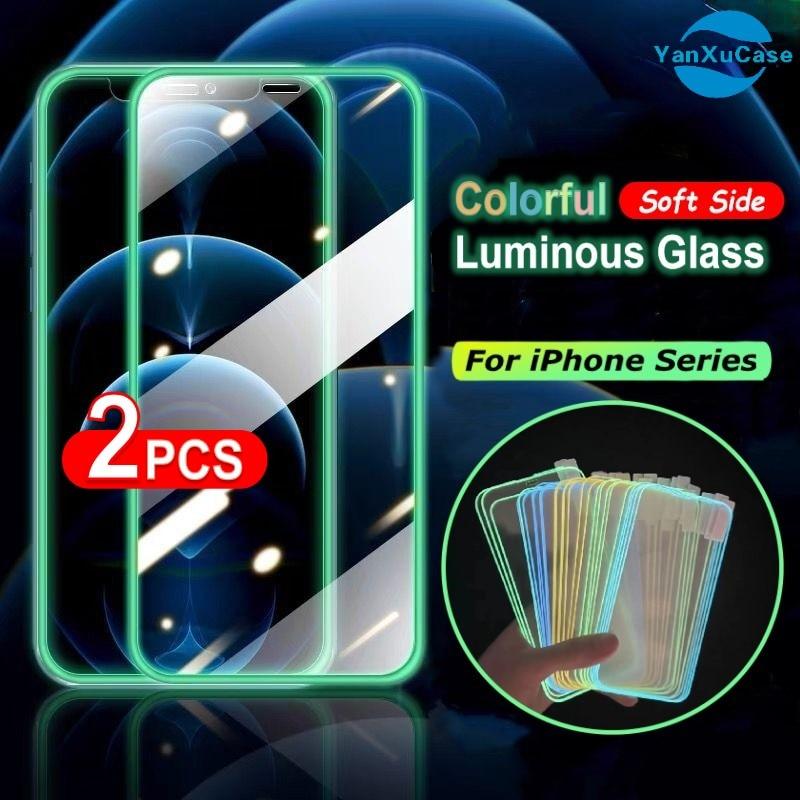 2Pcs Luminous Protective Glass For iPhone 14 13 12 11 Pro Max X XR XS Screen Protector For 7 8 6 Plus SE3 Glowing Tempered Glass  Luminous Glowing Tempered Glass Screen Protector for iPhone