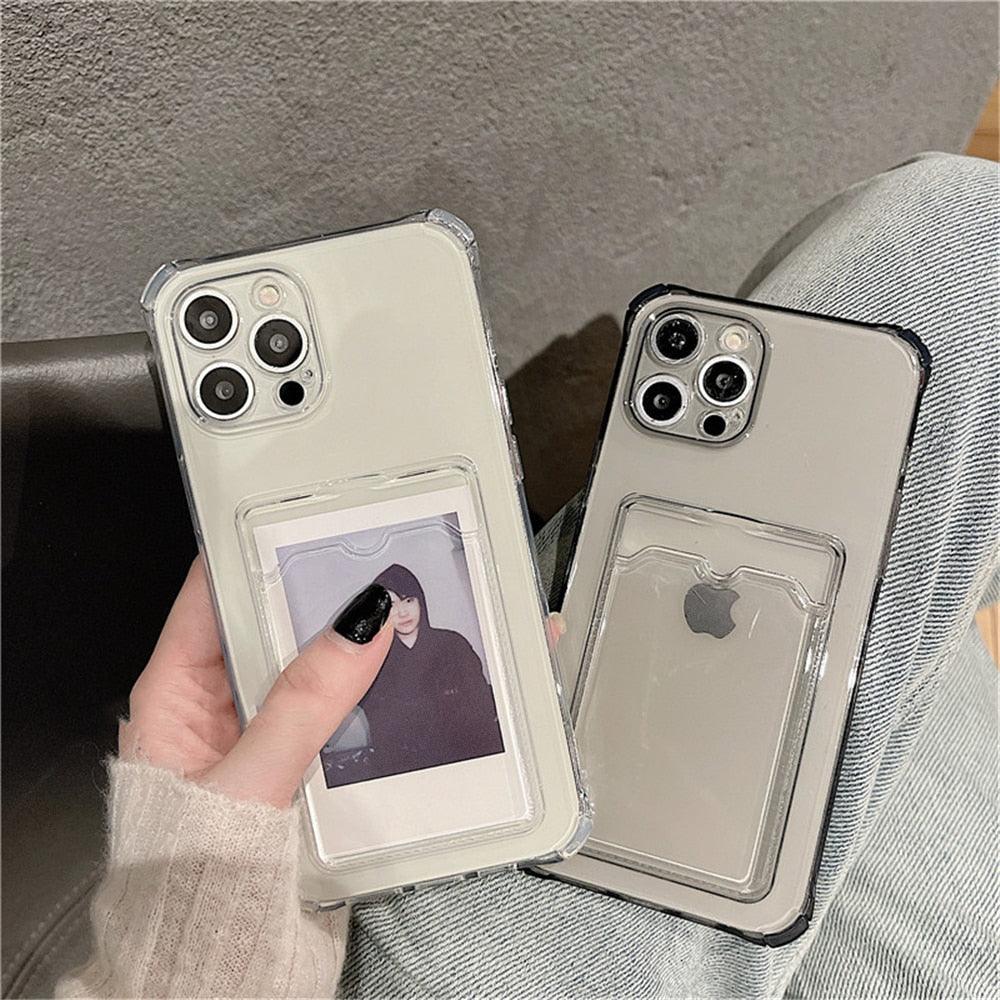 Transparent Card Slot Holder Case for iPhone 13 11 12 14 Pro Max Mini Clear Shockproof Soft Wallet Cover Clear Phone Case with Card Holder Slim Protective Soft Shock Absorbing Case with Card Holder