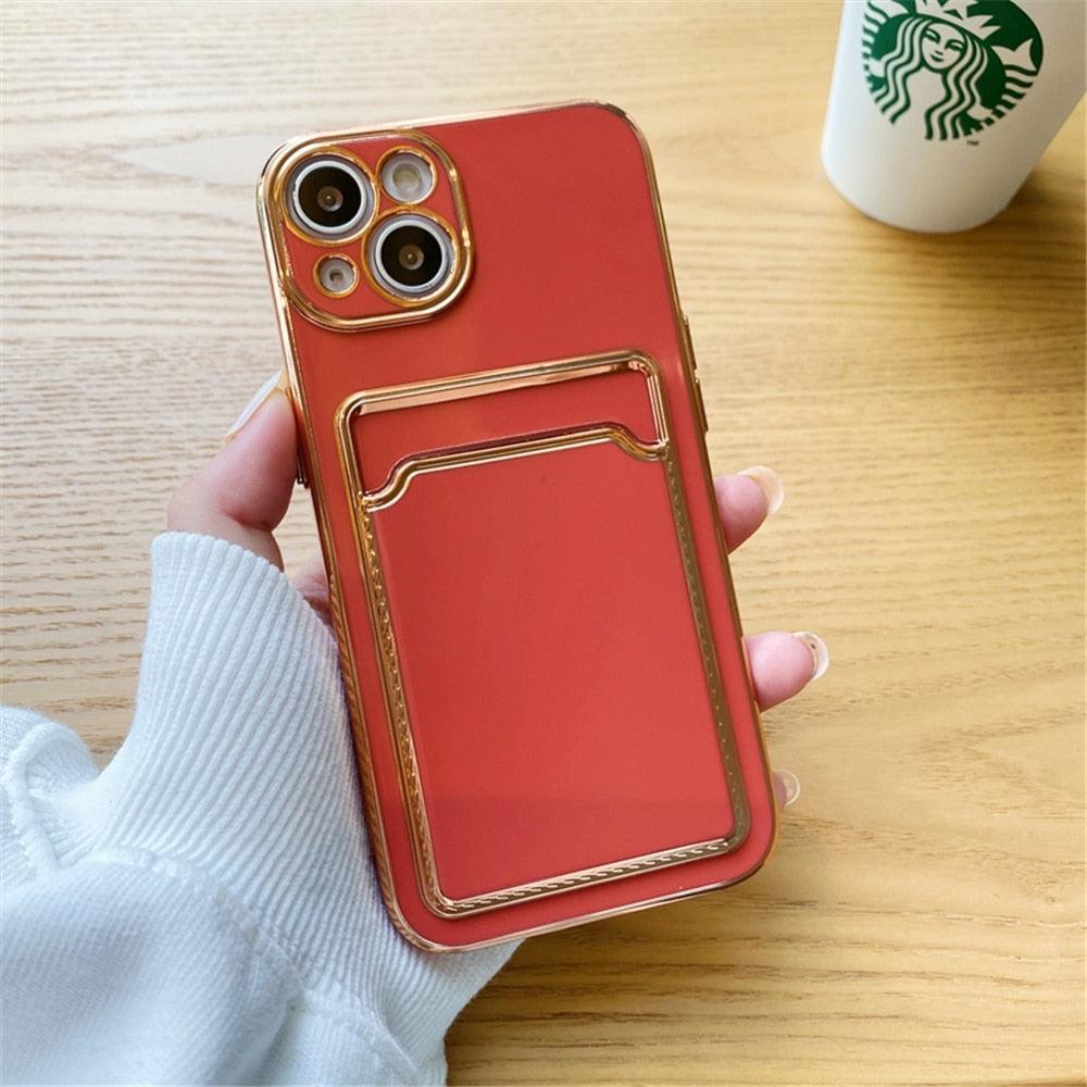 Luxury Plating Silicone Card Slot Holder Case For iPhone 14 12 13 Pro Max Elegant Women Soft Wallet Shockproof Cover Soft Bumper Beautiful Shiny Color Smartphone Case For Women