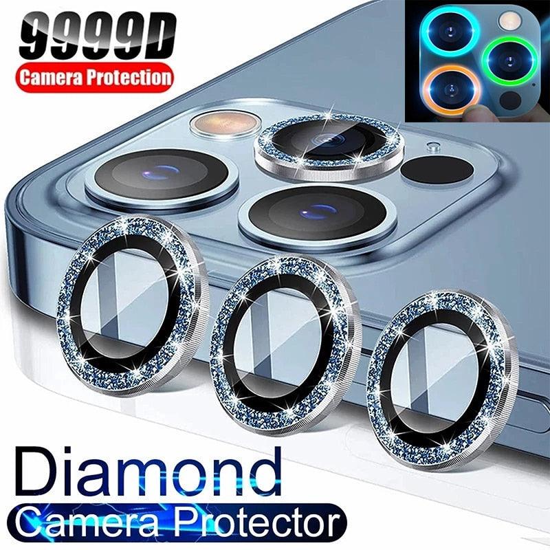 9H Tempered Glass Camera Cover Screen Protector Metal Individual Ring For iPhone Phone Glitter Camera Lens Protector Film For iPhone 14 13 12 11 Pro Max Luminous Lens Metal Glass Protective Cover