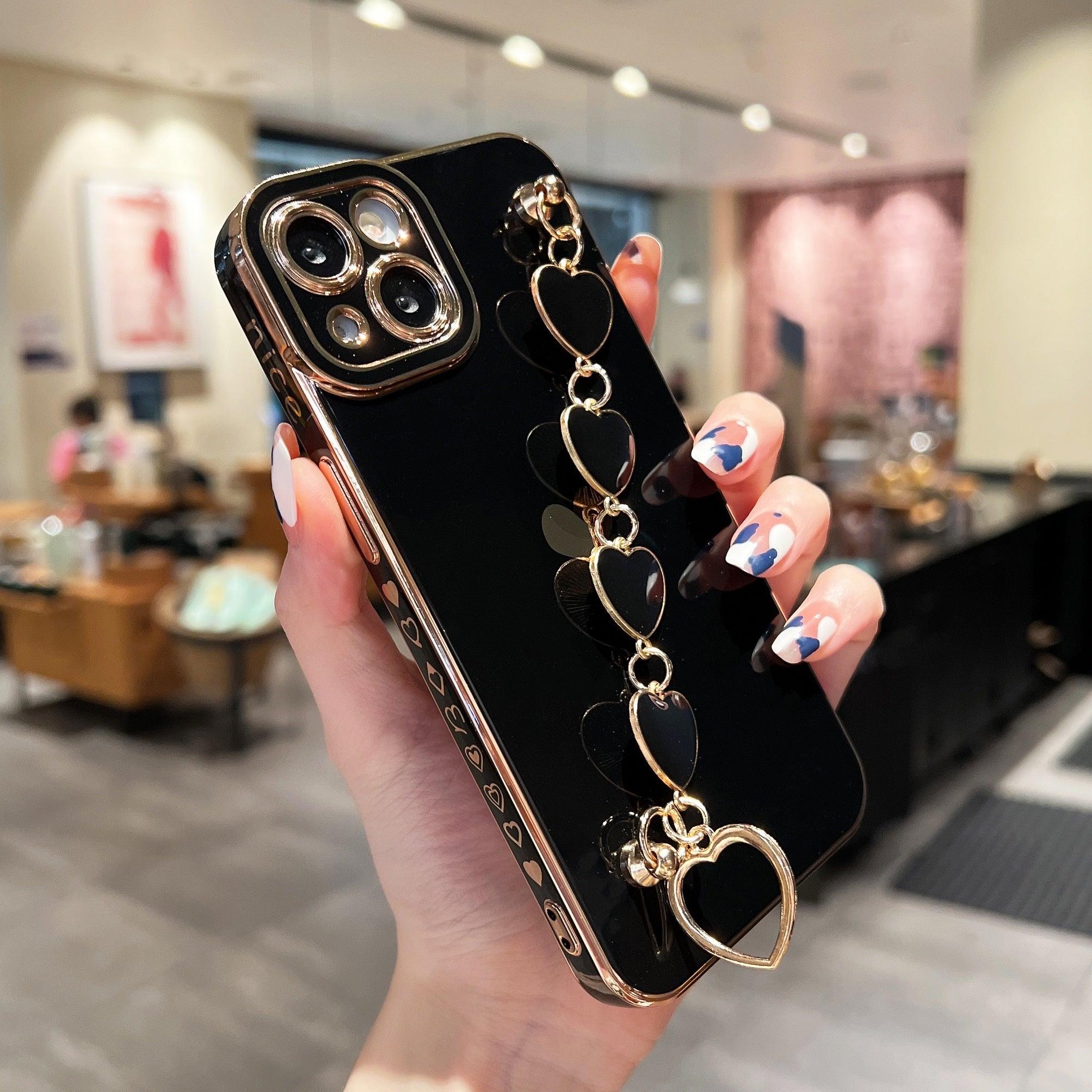 Luxury Love Heart Elegant Sparkle Case With Chain Bracelet Strap Soft Protective Bumper Cover Compatible with iPhone  Bracelet soft case for iPhone 12 Pro Max 11 pro max X XS XR 7 8 Plus Stylish Phone Cover