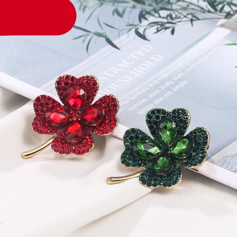 Modern Green Women Brooch Red Four Leaf Clover Crystal Rhinestones Brooches Women Luxury Brooch Pin Leaf Brooch Elegant Party Jewelry For Your Wife