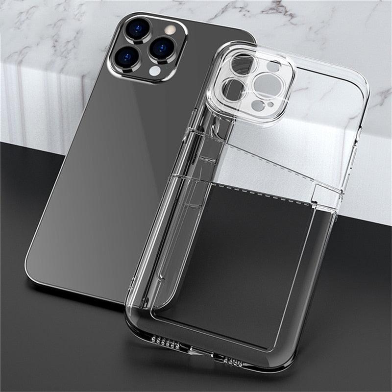 Transparent Shockproof Dual Card Slot Holder Phone Case For iPhone 13 12 11 Pro Max XR X XS Max 7 8 Plus 14Pro Wallet Transparent Soft Cover Card Storage Bumper Case For iPhone