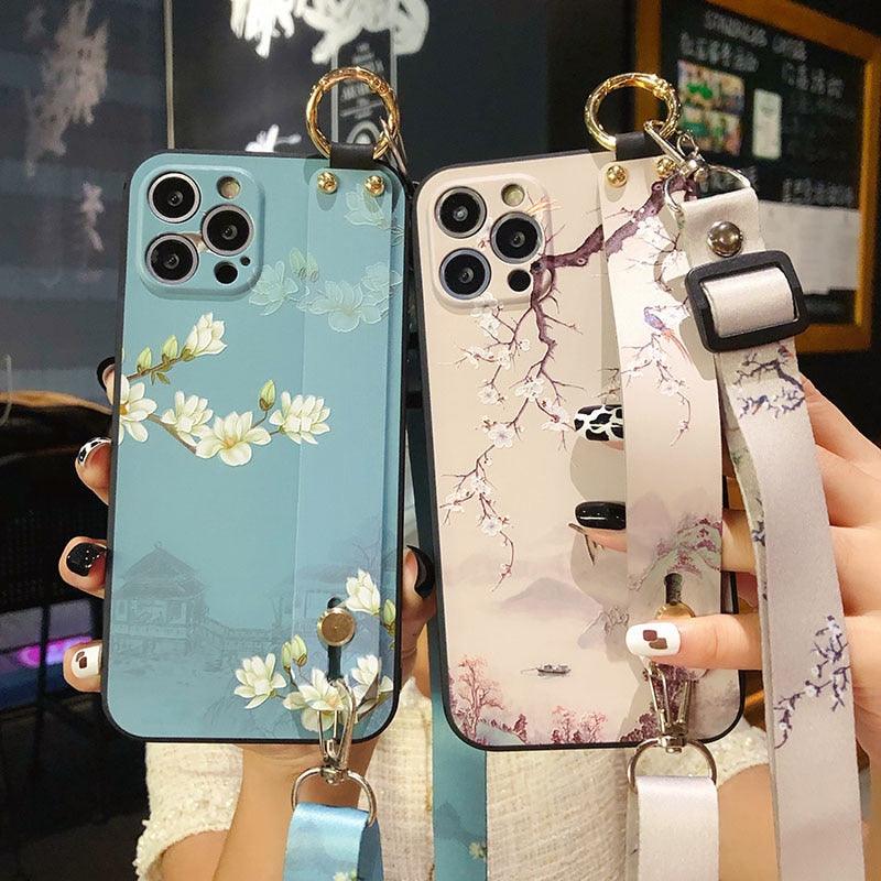 Ultra Luxury Case Cute Flower Design with Ring Kickstand Soft Crossbody Phone Cover for iPhone 13 14 Pro Max Case Fashion Crossbody Shoulder Strap Flower Leaf Phone Holder Cover for iPhone 12 11 X XR XS 7 8 Plus