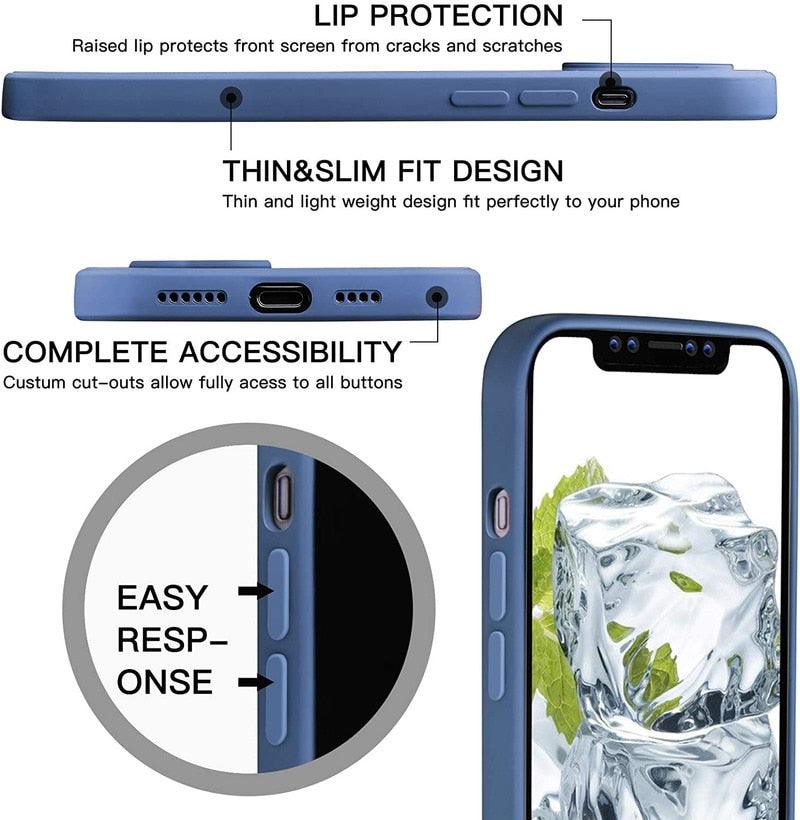 Square Silicone Case for IPhone 13 Pro Max 12 Mini Full Protector Silicone Ultra-Thin Shockproof Case Soft Scratch-Resistant Microfiber Lining Cover With Strap