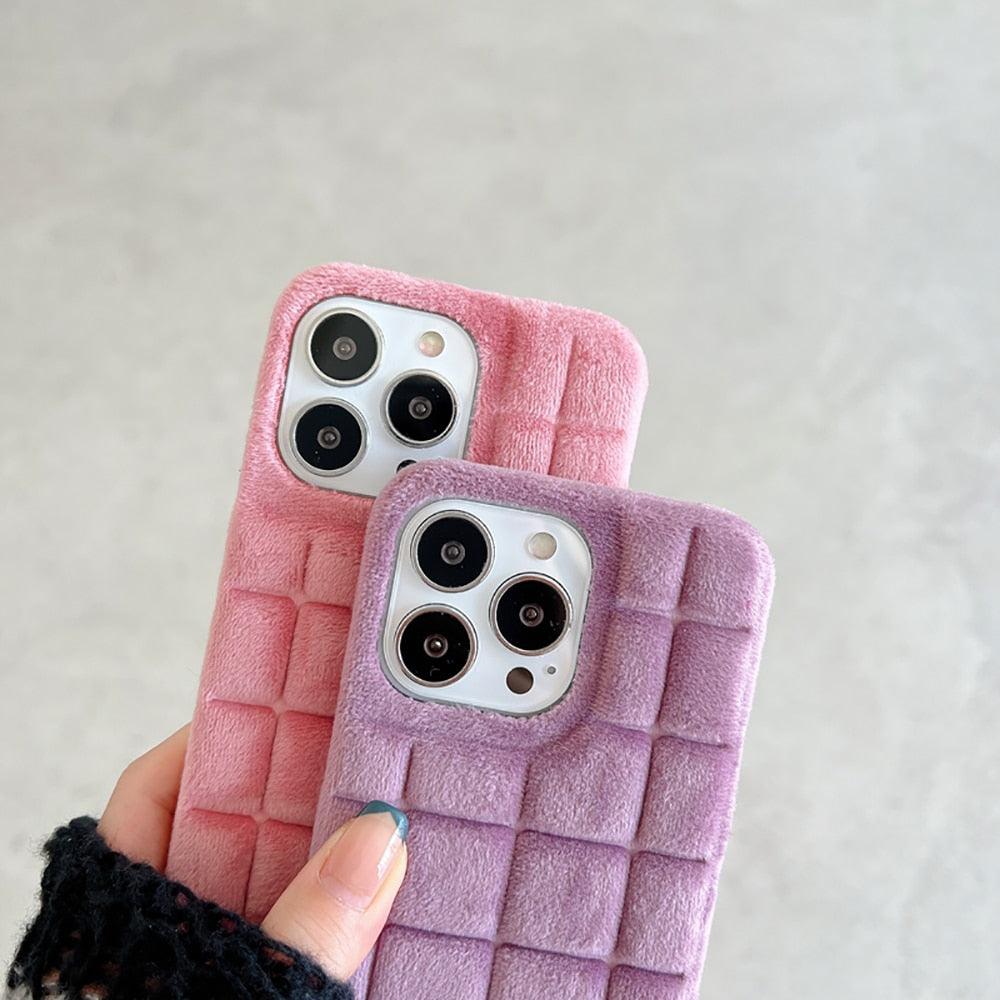 Fashion Fur Winter Warm Plush Square Lattice Solid Color Phone Case For iPhone 14 13 12 11 Pro Max Plus Fluffy Back Cover Case Silicon Soft Fluffy Furry Shockproof Protective Phone Case for iPhone