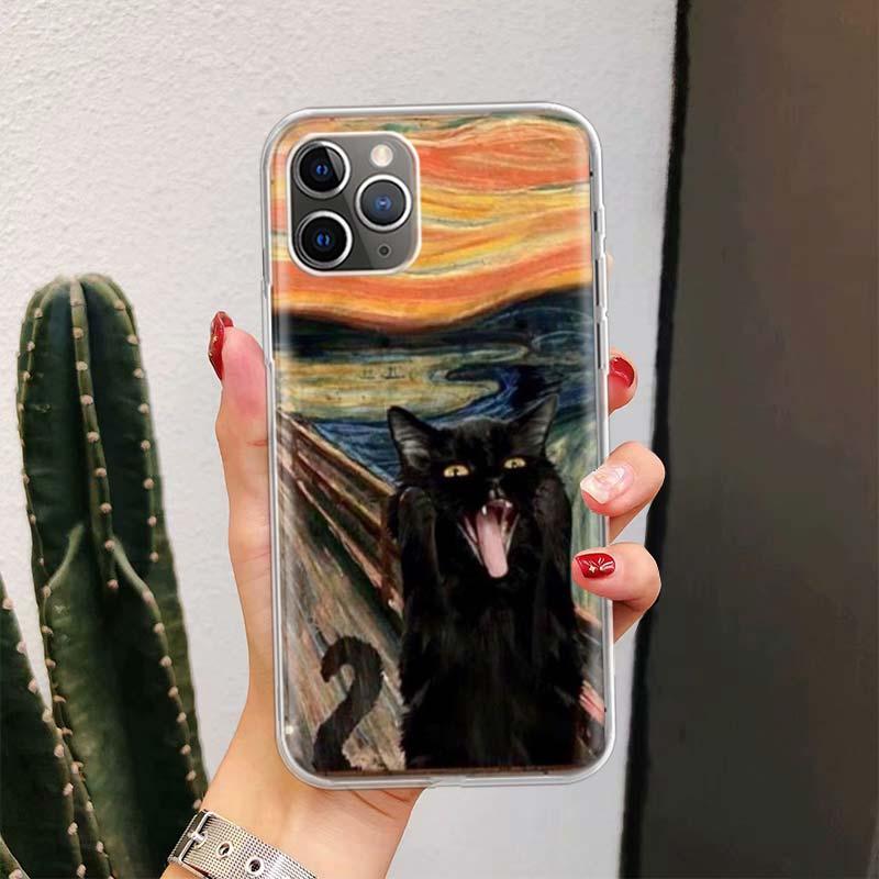 Black Cat Cartoon Cute For Iphone 11 13 14 Pro Max 12 Mini Phone Case X Xs Xr 6 6s 8 7 Plus Se 5 5s Cover Cute Funny Aesthetic Cat Design Pattern Silicone Soft Phone Case