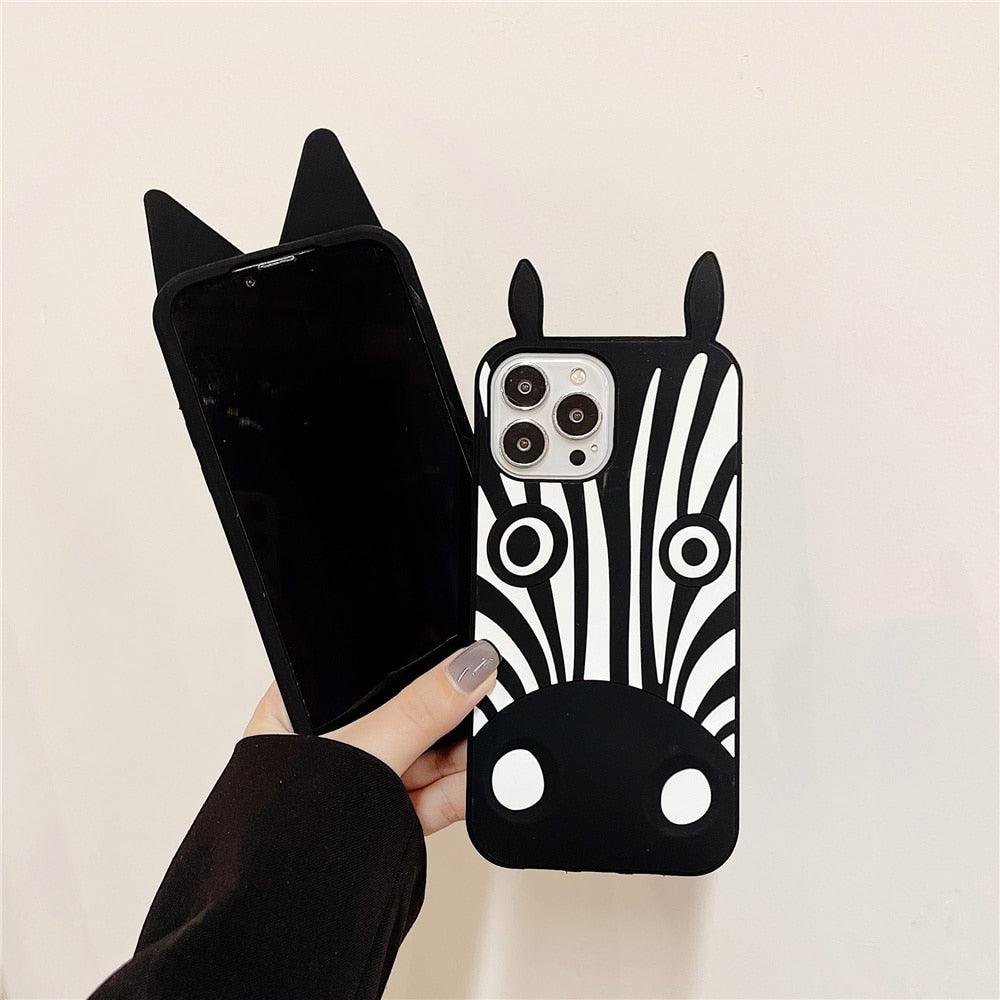 Cute 3D Little Ear Silicone Phone Case For Iphone 13 Pro Max X Xr Xs 11 12 Pro Max Cartoon Dog 3D Cartoon Puppy Black And White Color Cute Cover