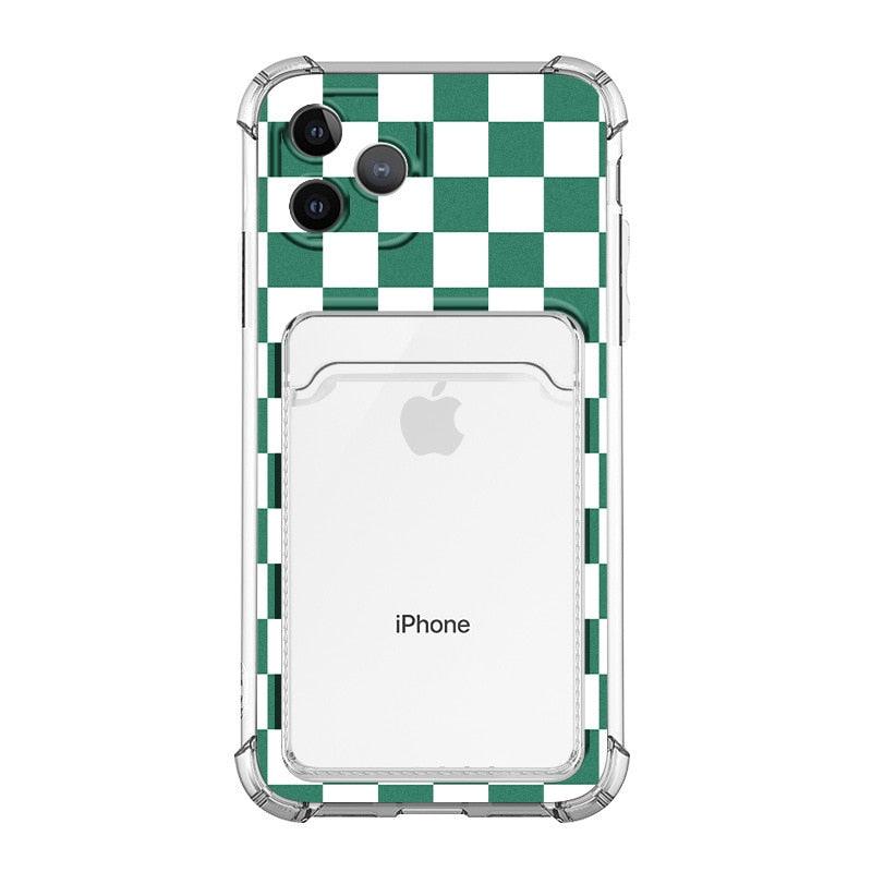 Glamorous Phone Case Shiny Transparent Card Holder Slim Soft Silicone Shockproof Case For iPhone 14 13 11 12 Pro Max 7 8 Plus Cute Green Checkerboard Clear Cover For iPhone X XR XS Shockproof Card Holder Phone Case