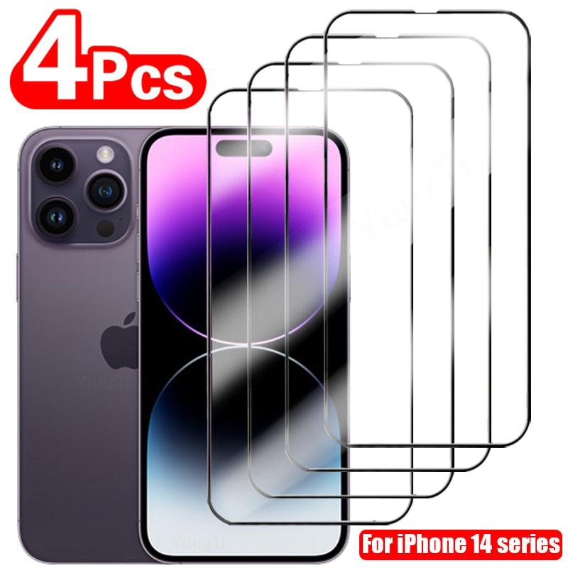 4Pcs Full Cover Protective Glass For iPhone 14 11 12 13 Pro Max Screen Protector For iPhone X XR Xs Max Tempered Glass Film 9H Tempered Glass Film Case-Friendly Screen Protector For iPhone