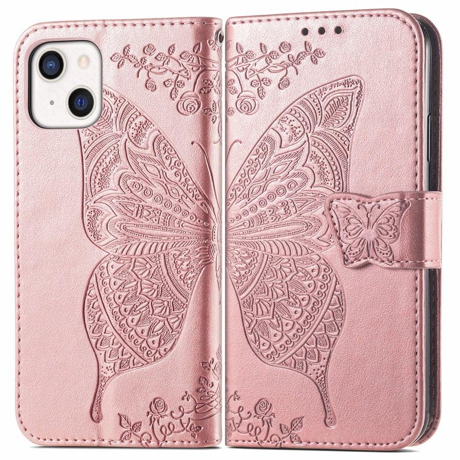 Luxury Pink Butterfly Flower Wallet Flip Case For iPhone 14 Pro Max 13 12 Classic Simple Leather Wallet Case with Card Holder Kickstand Wrist Strap Flip Cover for iPhone