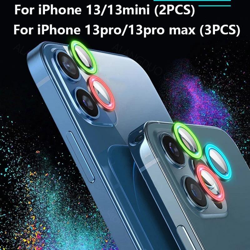 Colorful Design Round Ring Metal Alloy HD Glass For iPhone 13 12 11 Pro Max Camera Lens Protectors Luminous Camera Ring Glass for iPhone11 Pro max 13mini 13pro Protective Film