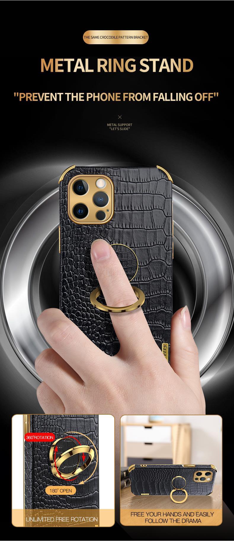 Crocodile Leather Case For iPhone 13 12 Mini Shockproof Magnetic Ring Holder Phone Cover Ultra-thin Soft Crocodile Leather Shockproof Bumper With Ring Bracket Protective Cover for iPhone