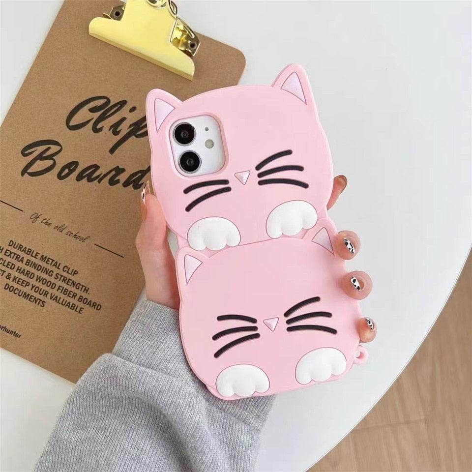 3D Cartoon Cute Cat Ear Phone Case For Iphone 12 13 11 Pro Max X Xr Xs Max 7 8 6 6s Plus Se 2020 Lucky Cat Cartoon Silicone Cat Phone Case