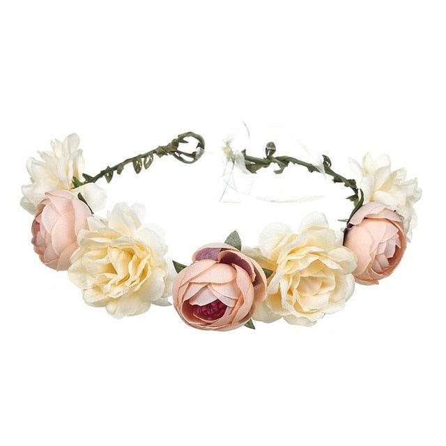 New High Quality Spring Pearl Crowns Beach Hawaii Floral Garland Romantic Faux Rose Wedding Wreaths Flower Headband Girl Bride Rose Flower Crown Wedding Festival Headband