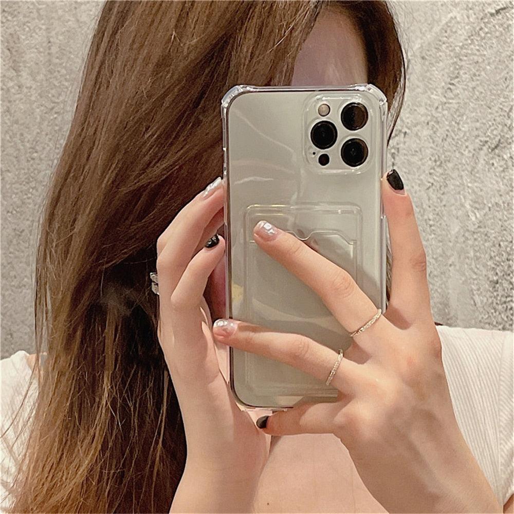 Transparent Card Slot Holder Case for iPhone 13 11 12 14 Pro Max Mini Clear Shockproof Soft Wallet Cover Clear Phone Case with Card Holder Slim Protective Soft Shock Absorbing Case with Card Holder