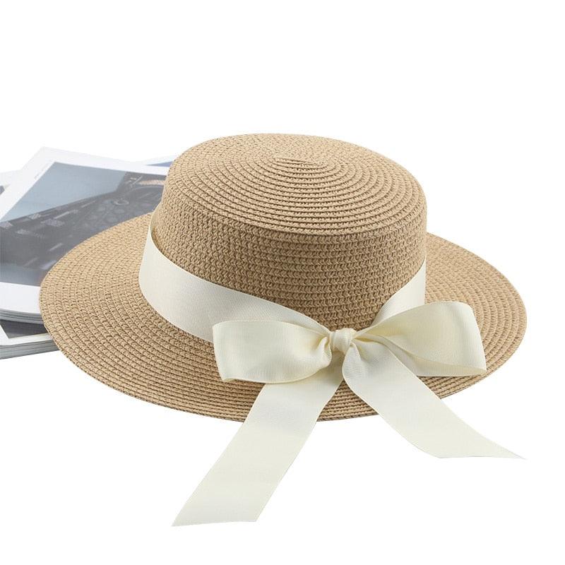 Elegant Adult Bucket Hat Beach Summer Straw Hats for Women Beach Sun Straw Hat Wide Luxury Comfortable Hat  Flat Top Ribbon Bowknot Elegant Luxury Women Summer Hat 56-58cm