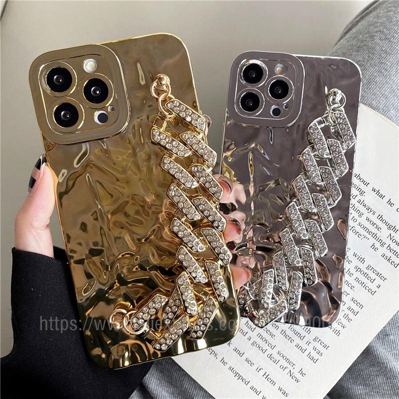 Luxury Gold Plating Electroplated Bracelet Cute Compatible with iPhone Diamond Case Luxury Sparkle Glitter Rhinestone  Phone Case For iPhone 14 13 Promax 11 12 Pro Max Mini Xs Max XR 8 7 Plus Mirror Cover