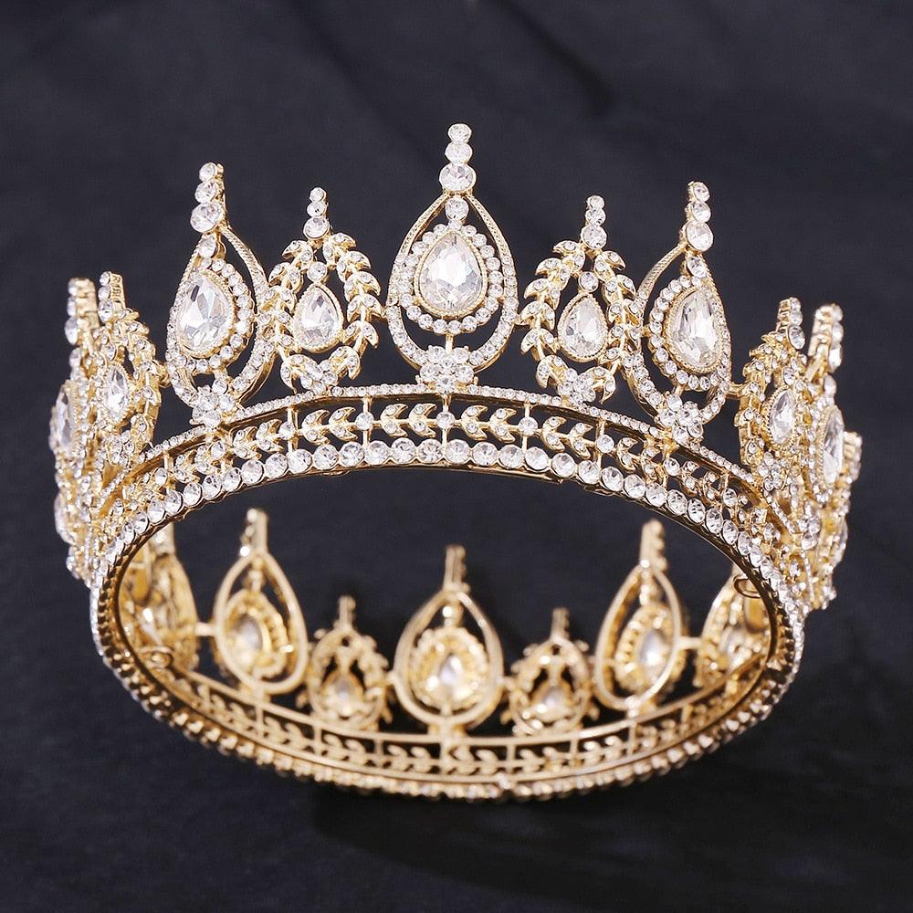 Gold Colors Royal Queen Wedding Crown Bride Tiaras Bridal Round Crystal Circle Hair Jewelry Accessories  Bride Full Crown Pageant Headhand Jewelry Princess Tiara Retro Round Crown Bride Hair Accessories For Women