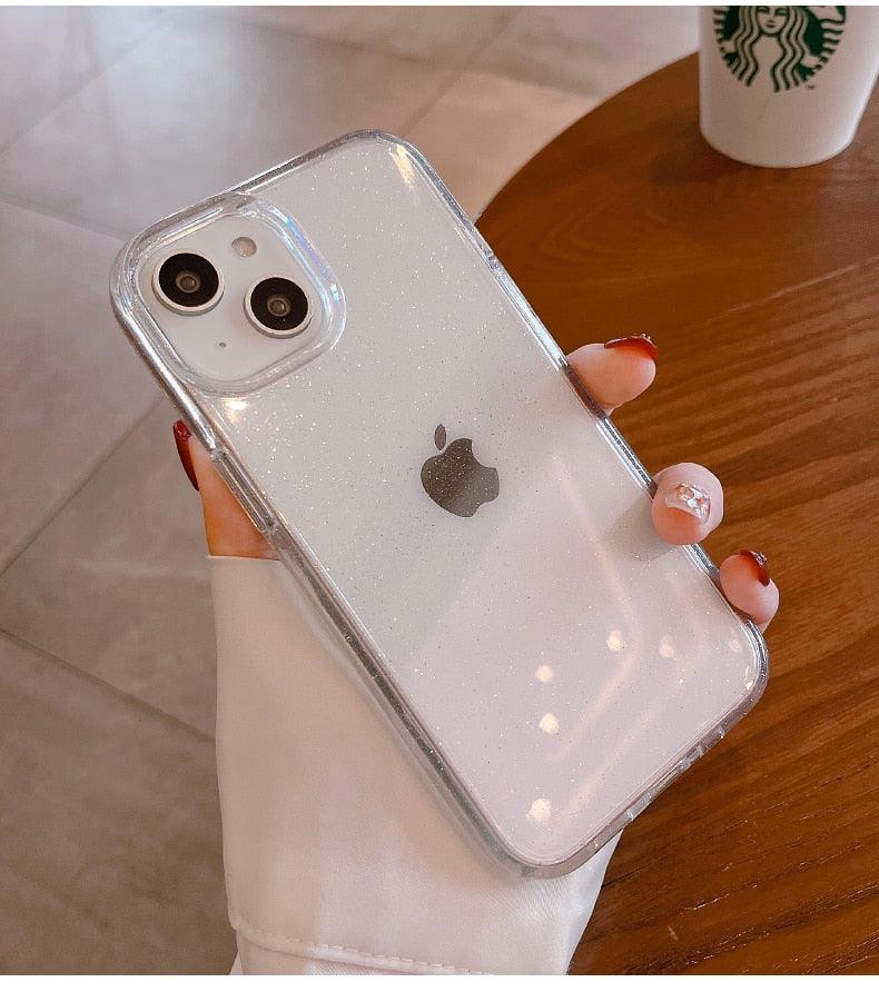 Luxury Glitter Bumper Clear Case for IPhone 14 13 12 11 Pro Max Mini X XS Max XR Cute Shining Shockproof Silicone Cover Hard Back Shockproof Protective Phone Cover For iPhone