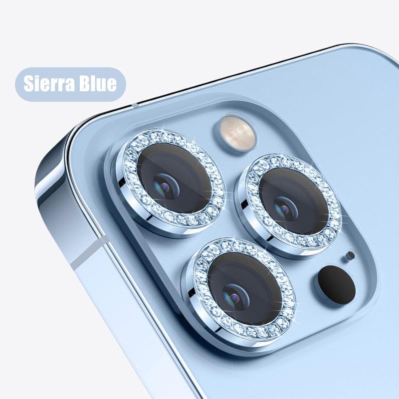 Glitter Diamond Rhinestones Metal Ring Camera Tempered Glass For iPhone 11 12 13 14 Pro Max Mini Plus Lens Protector Full Cover 9H Tempered Glass Camera Lens Protector Metal Single Ring Full Coverage Camera Lens Protector