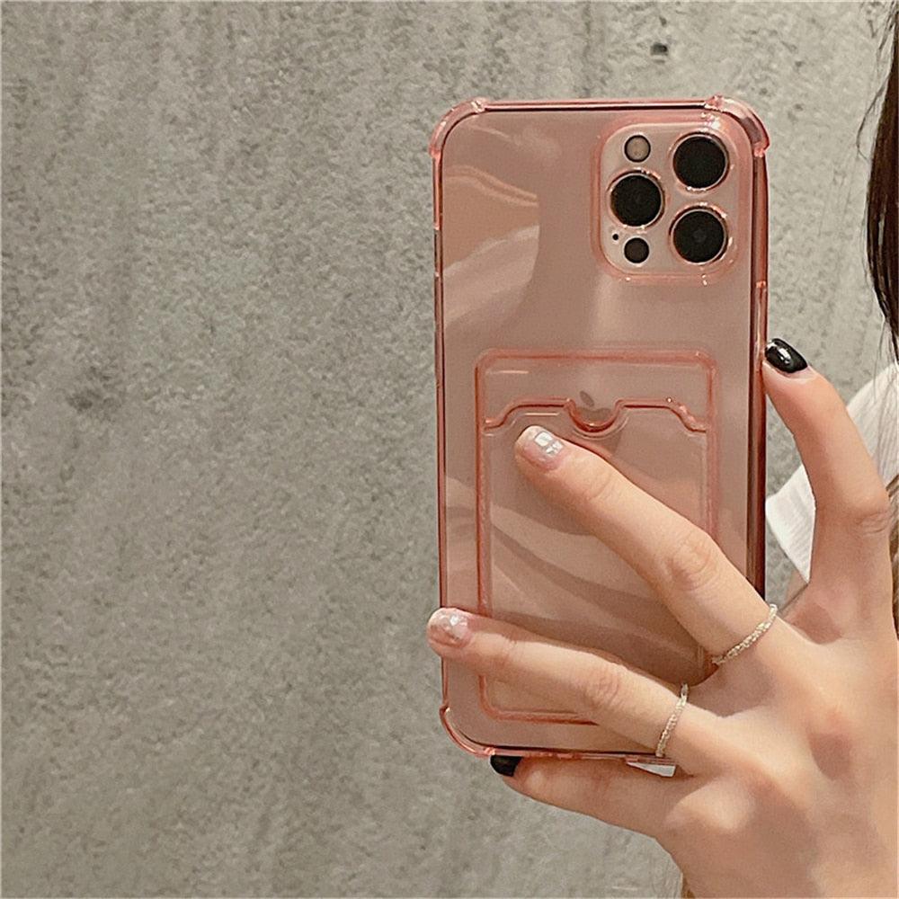 Transparent Card Slot Holder Case for iPhone 13 11 12 14 Pro Max Mini Clear Shockproof Soft Wallet Cover Clear Phone Case with Card Holder Slim Protective Soft Shock Absorbing Case with Card Holder