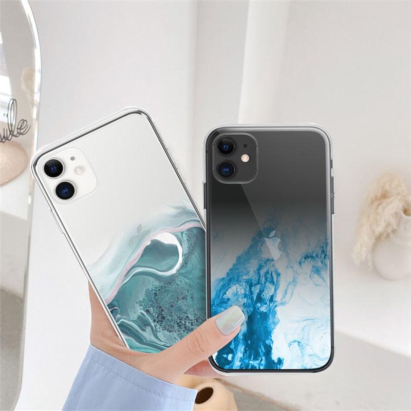 Luxury Marble Transparent Phone Case For iPhone 11 12 Pro XS Max X XR 7 8 Plus Soft Silicone Shockproof Cover  Green Marble Design Gold Sparkly Glitter Protective Stylish Slim Thin Cute Case for Phone