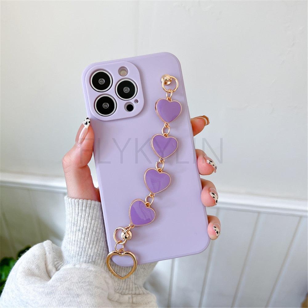 Soft Silicone Love Heart Chain Luxury Soft Flexible with Love Heart Chain Bracelet Hand Strap Girly Women Protective Cover for iPhone Wrist Bracelet Phone Case For iPhone 12 13 14 Pro Max Mini 11 Pro Max X XS Max XR 7 8 Plus