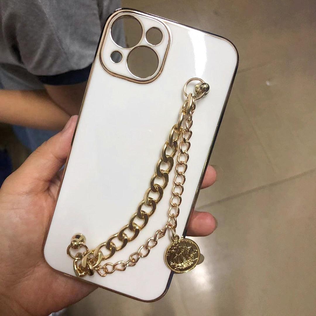 Luxury Glossy Gold Color Metal Coin Bracelet Chain Protective Case Cover For iPhone Soft Case for iPhone 13 12 Pro Max 14 11 pro max X XS XR 7 8 Plus Cover