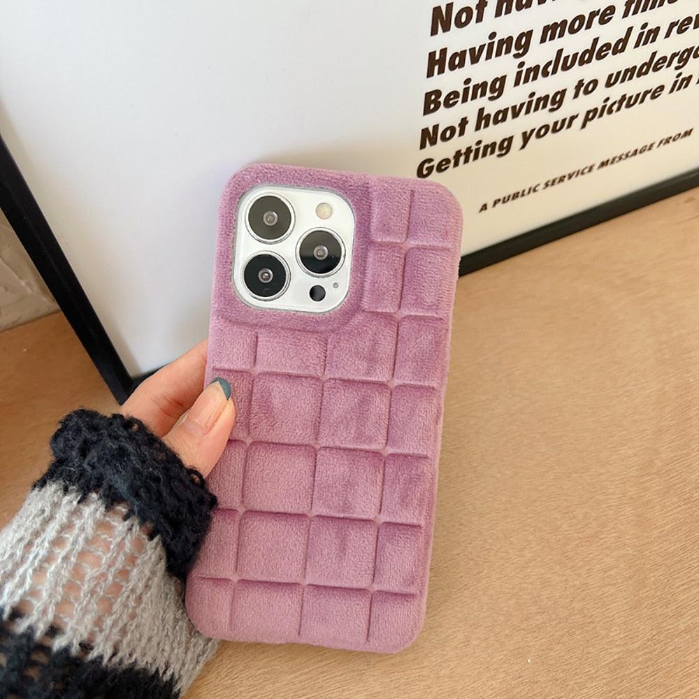 Fashion Fur Winter Warm Plush Square Lattice Solid Color Phone Case For iPhone 14 13 12 11 Pro Max Plus Fluffy Back Cover Case Silicon Soft Fluffy Furry Shockproof Protective Phone Case for iPhone