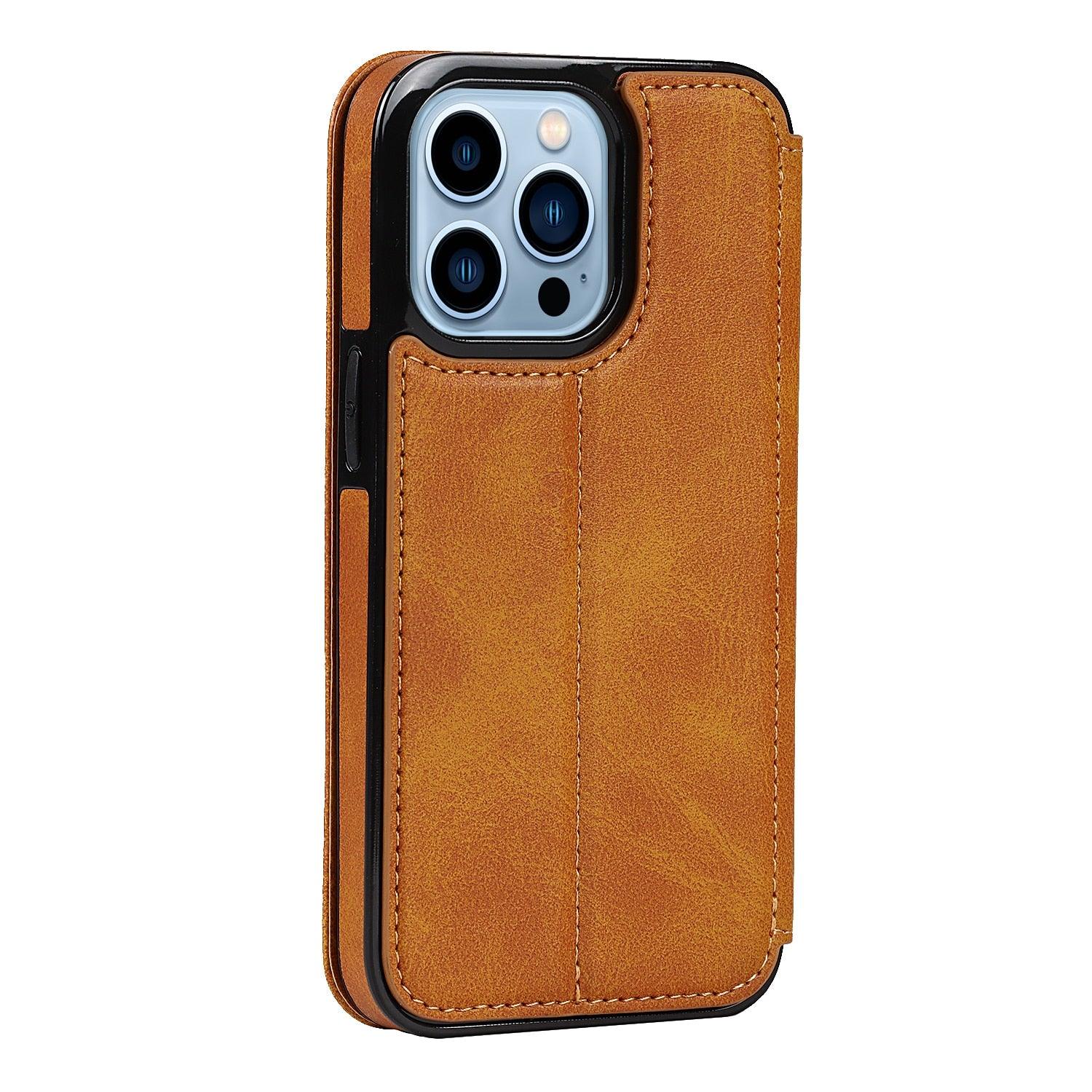 Luxury Leather Case Protect Cover For iPhone 13 12 Mini 11 Pro Max X XR XS Max Stand Flip Wallet Leather Magnetic Shockproof Flip Cover Classic Men Business Brown Phone Case