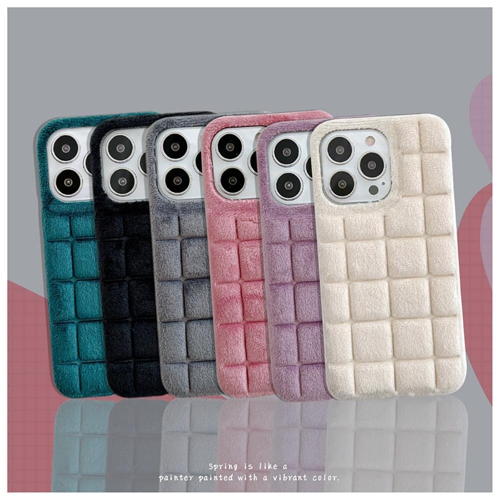 Fashion Fur Winter Warm Plush Square Lattice Solid Color Phone Case For iPhone 14 13 12 11 Pro Max Plus Fluffy Back Cover Case Silicon Soft Fluffy Furry Shockproof Protective Phone Case for iPhone