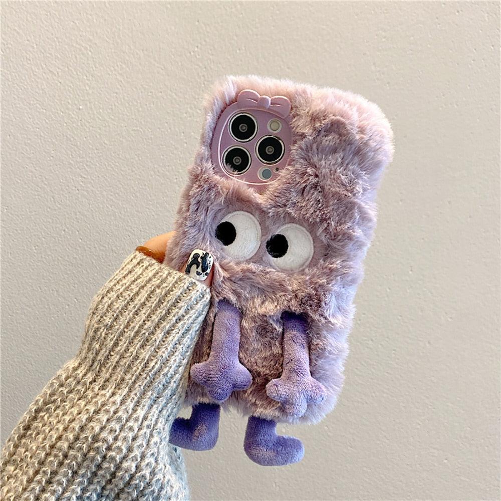 3D Cute Hairy Fluffy Fur Plush Winter Warm Phone Case For iPhone 14 13 12 11 Pro Max Plus Soft Cartoon Back Cover  Cute Fuzzy Furry Case Fashion Luxury Case