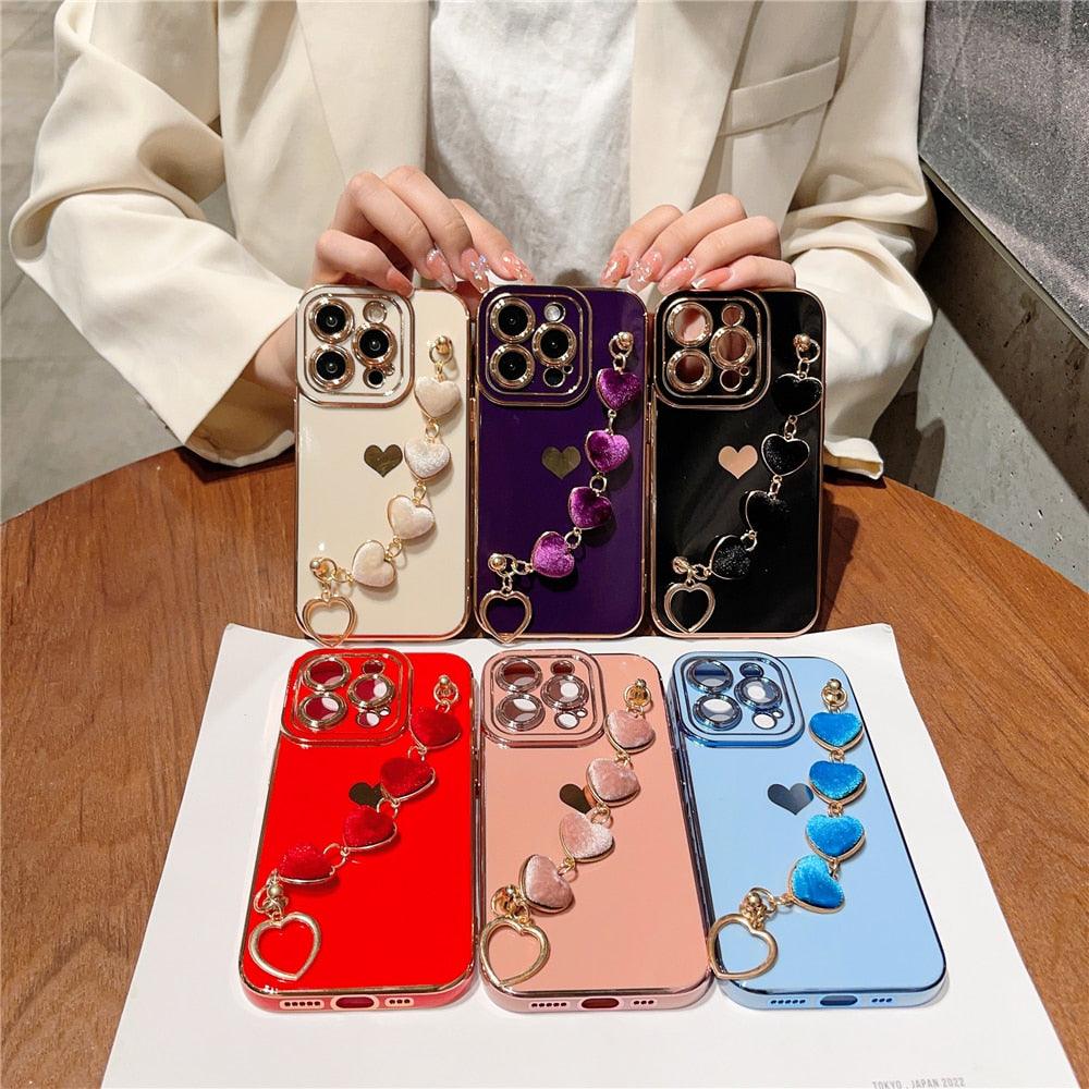 Luxury Mini Heart Shaped Love Bracelet Strap Phone Case Case with Chain Luxury Sparkle Love-Hearts Case with Strap Bracelet Slim Soft Protective Girly Cover For iPhone 11 12 13 14 Pro Max X XR XS Nice Heart Frame On 7 8 Plus SE Chain Phone Cover