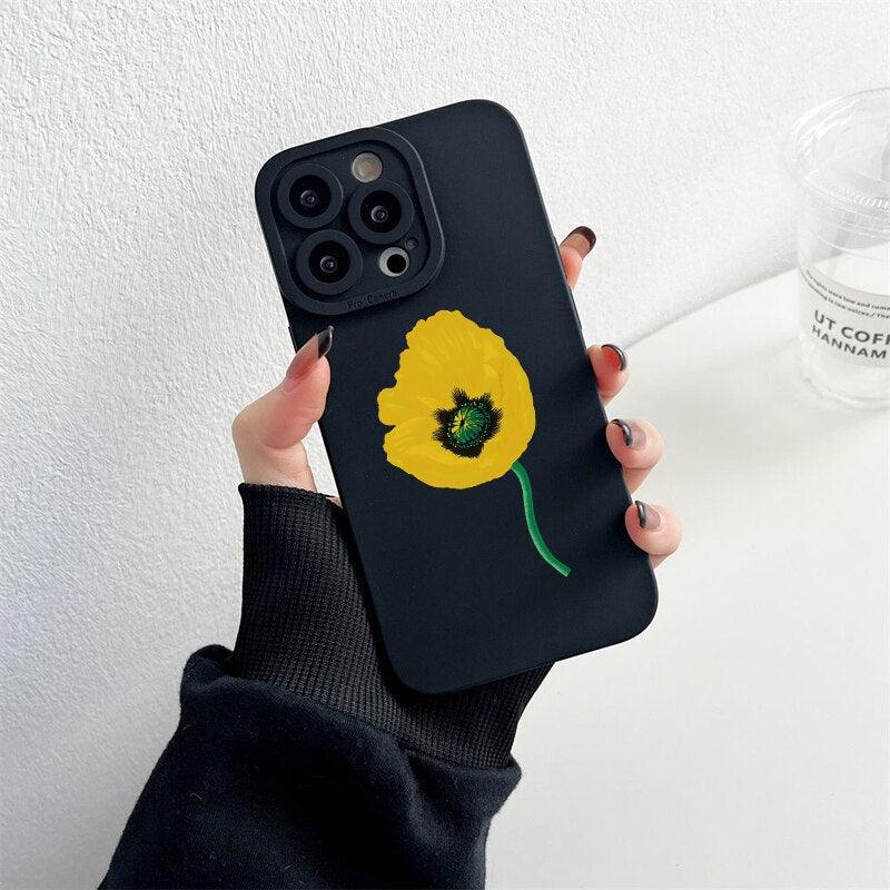 Flower Bloom Phone Case Black Color For iPhone 7 8 Plus SE 13 12 11 Pro Max X XR XS Soft Silicone Never Faded Floral Phone Cases Silicone Shockproof Hard Case