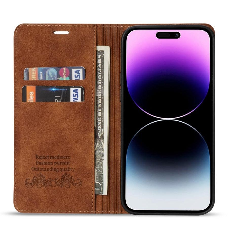 Wallet Skin Friendly Magnetic Flip With Card Slot Leather Case For iPhone 14 Pro Max 13 12 11 SE X XR XS Max Popular PU Leather Impact Resistant Built-In Magnet Card Holder Pockets Stand Function