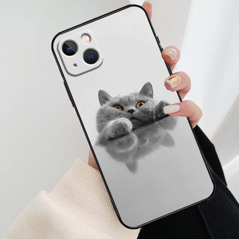 Beautiful Grey British Shorthair Cat Case For iPhone 12 13 Mini 13 11 12 14 Pro Max XS X XR 6S 7 8 Plus SE 2020 Silicone Cover Silicone Soft Black Moon Smooth Print Design