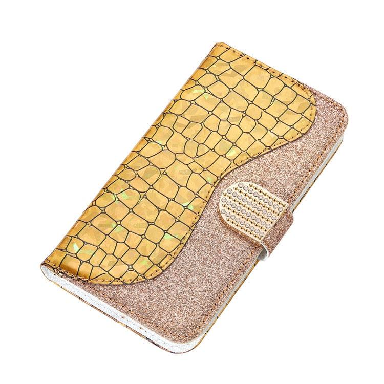 Glitter Leather Case For iPhone 11 12 13 14 Pro XR XS Max Alligator Flip Case Cover For iPhone SE Glitter Matching Texture Horizontal Flip Leather Case with Card Slots & Holder & Wallet Phone Accessories