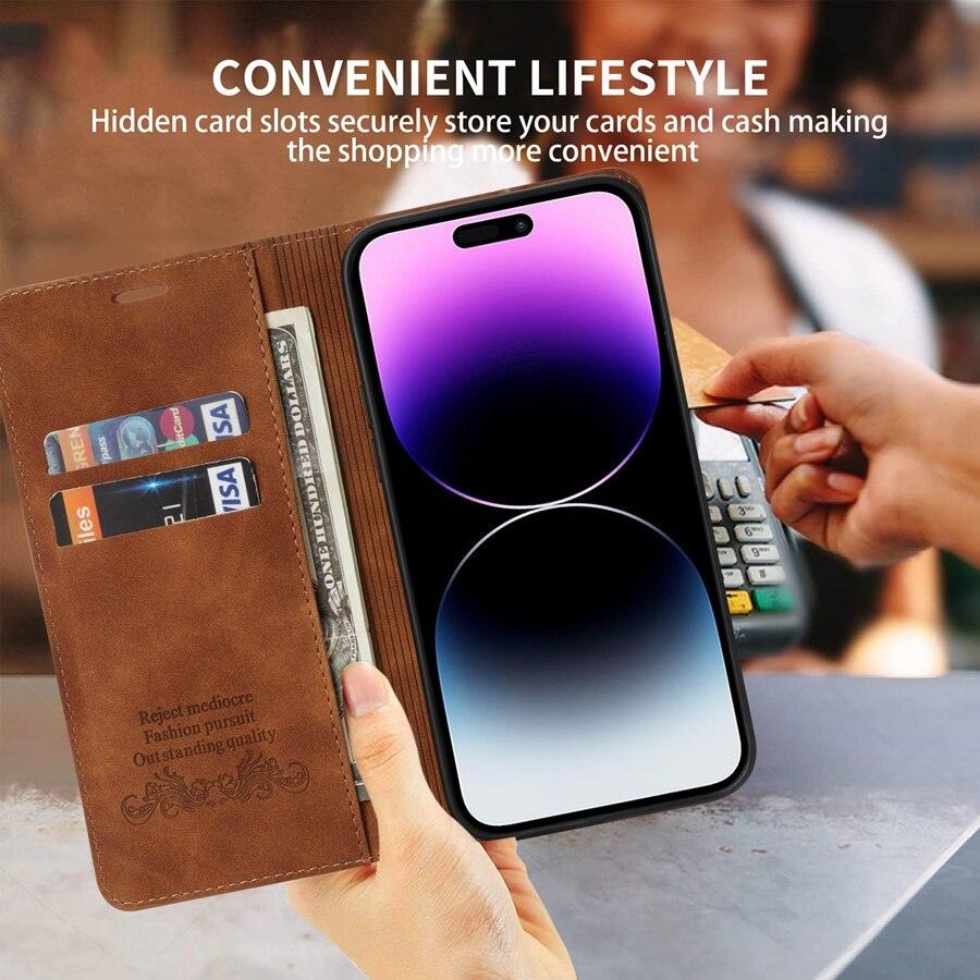 Wallet Skin Friendly Magnetic Flip With Card Slot Leather Case For iPhone 14 Pro Max 13 12 11 SE X XR XS Max Popular PU Leather Impact Resistant Built-In Magnet Card Holder Pockets Stand Function