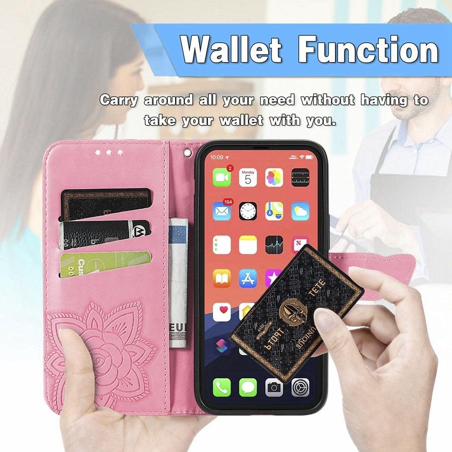 Luxury Pink Butterfly Flower Wallet Flip Case For iPhone 14 Pro Max 13 12 Classic Simple Leather Wallet Case with Card Holder Kickstand Wrist Strap Flip Cover for iPhone