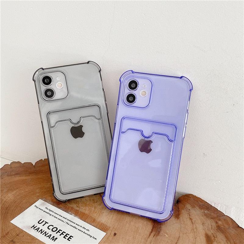 Transparent Card Slot Holder Case for iPhone 13 11 12 14 Pro Max Mini Clear Shockproof Soft Wallet Cover Clear Phone Case with Card Holder Slim Protective Soft Shock Absorbing Case with Card Holder